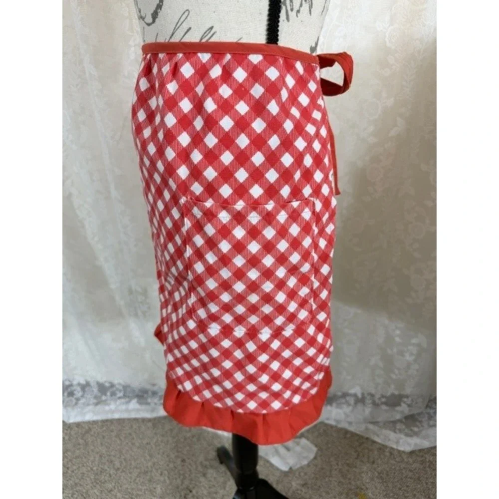 Vintage Red White Gingham Half Apron Ruffle Hem Pockets Retro Kitchen Farmhouse